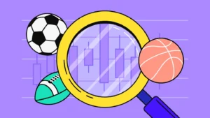 Candle chart under magnifyning glass with sports equipment in the background