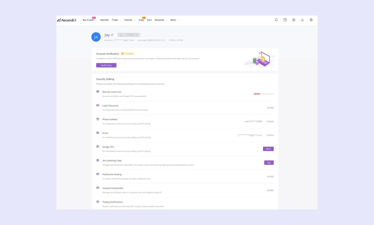 Ascendex Account Security