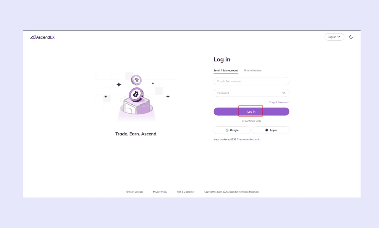 Ascendex Login Page