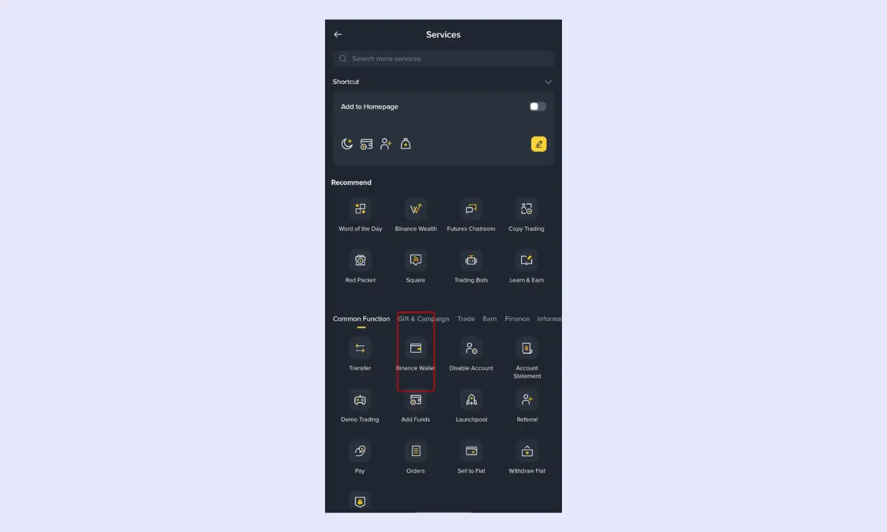 Binance Wallet option