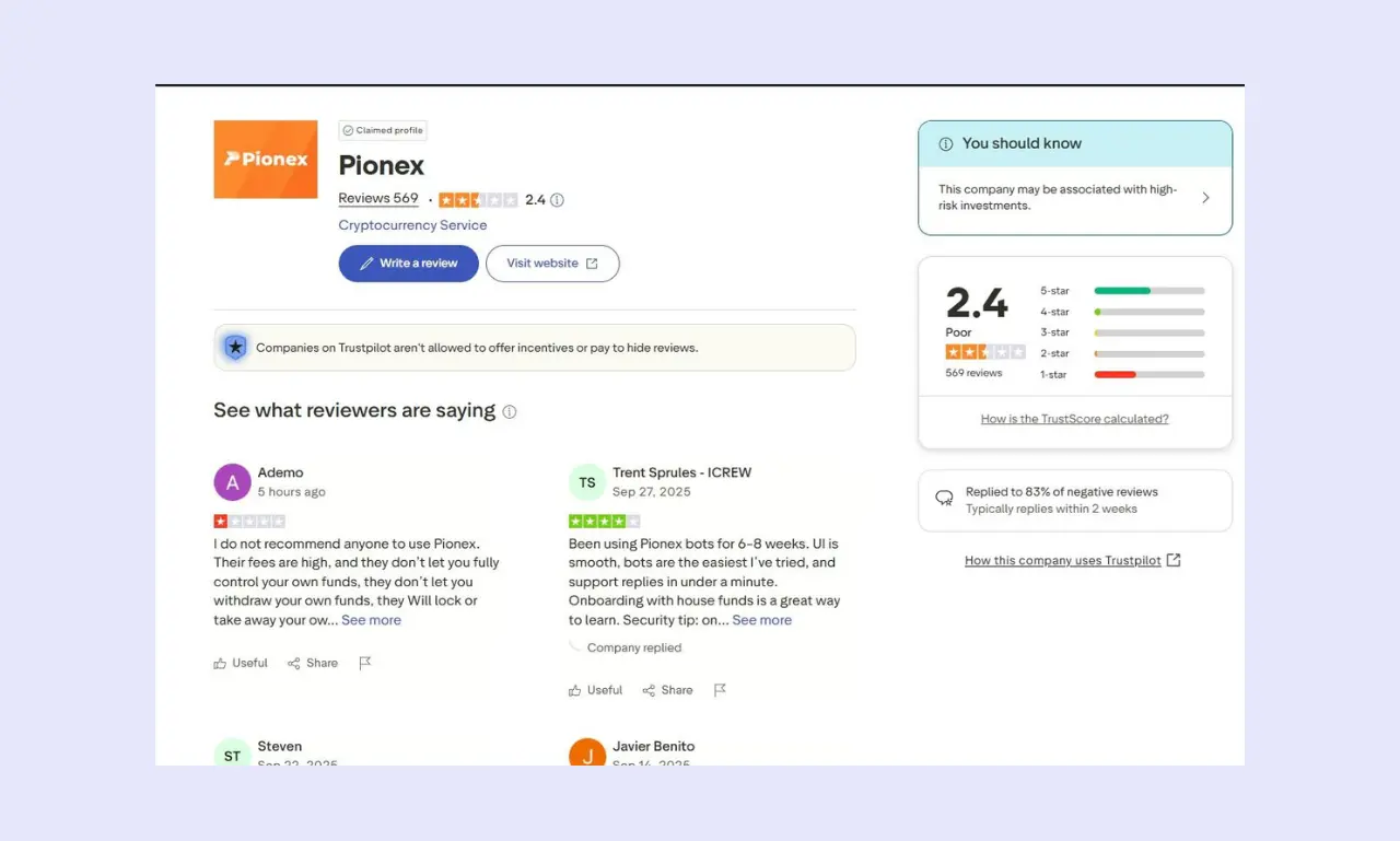 Pionex Review - TrustPilot Ratings