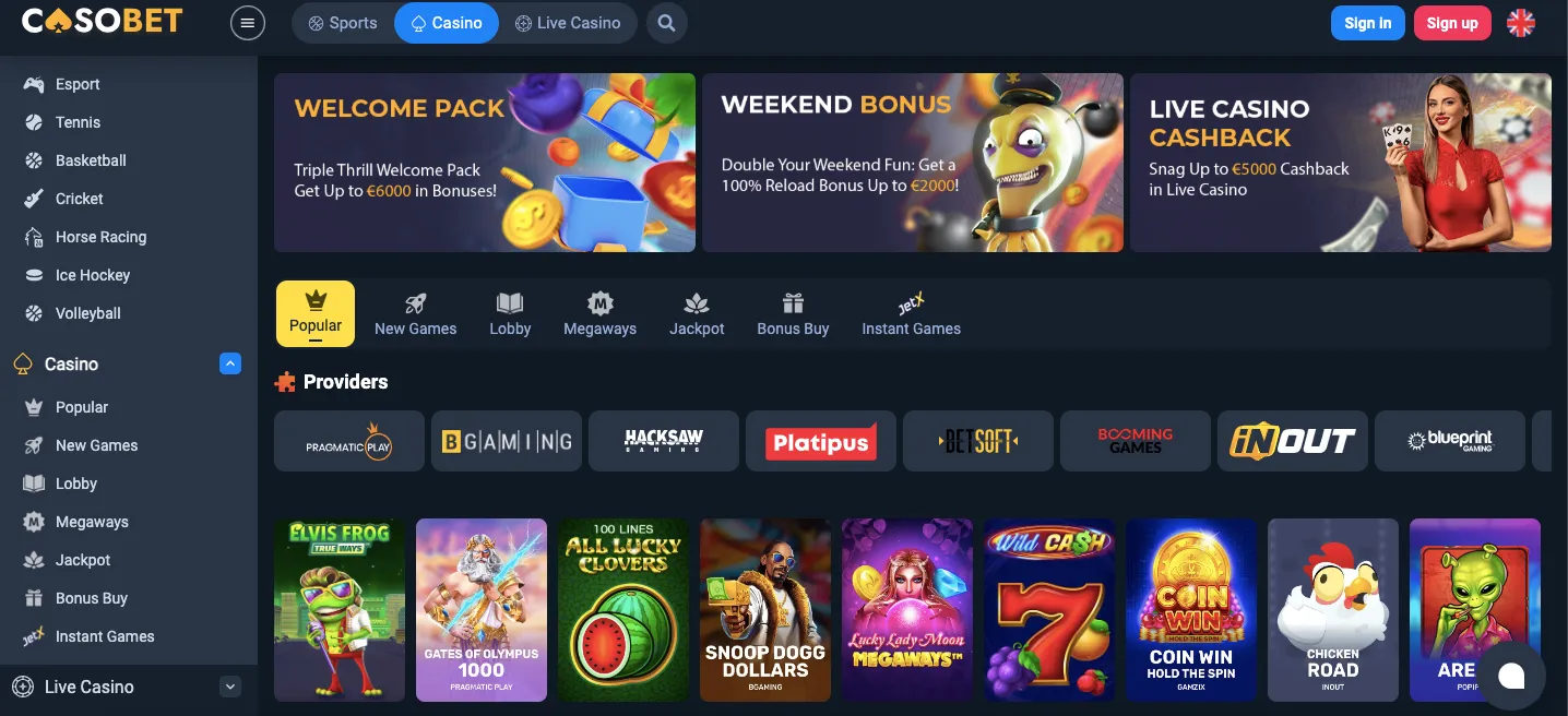 Casobet casino games and providers