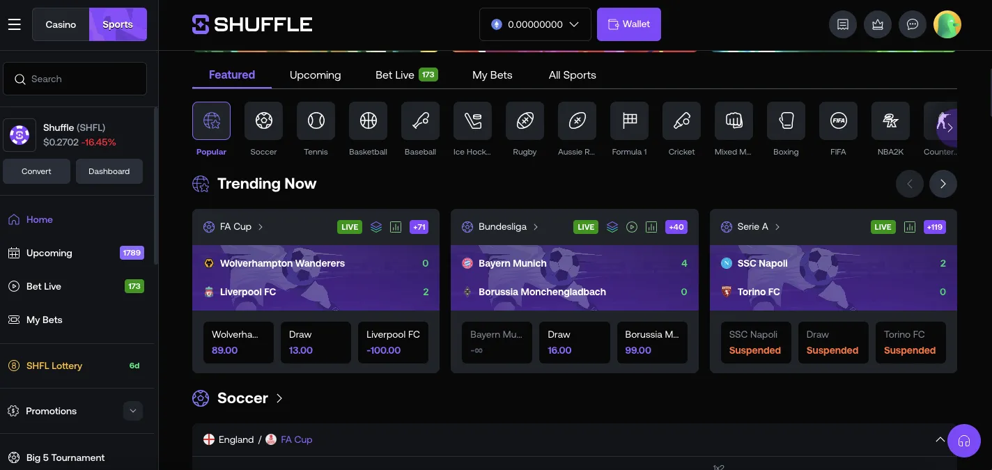 Shuffle casino sports markets and tournaments