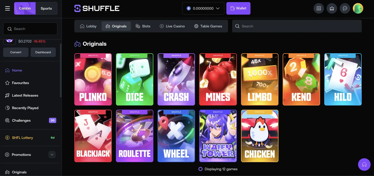 Shuffle casino original games