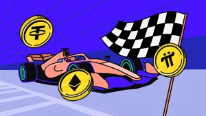 grand prix race car, flags and crypto