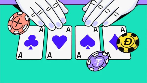 Poker hand on a table with two mysterious hands surrounding the cards