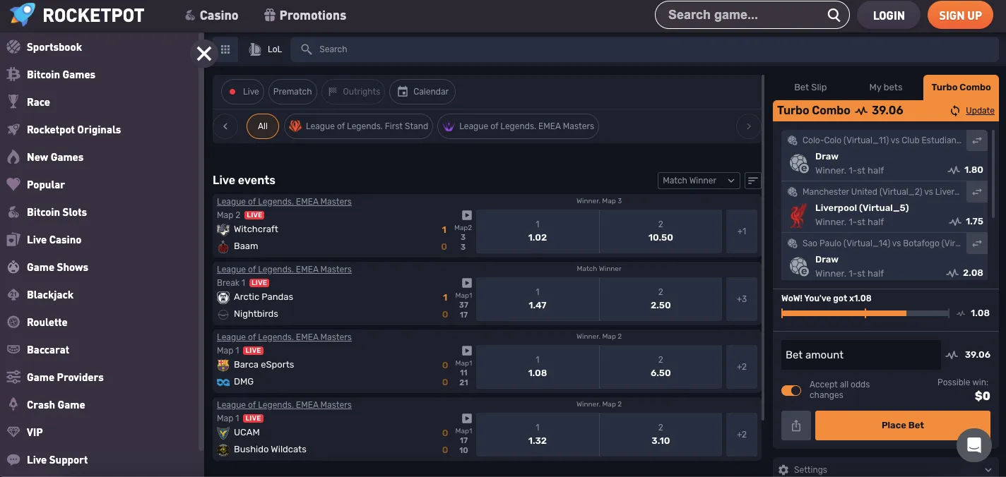 Rocketpot casino esports betting section