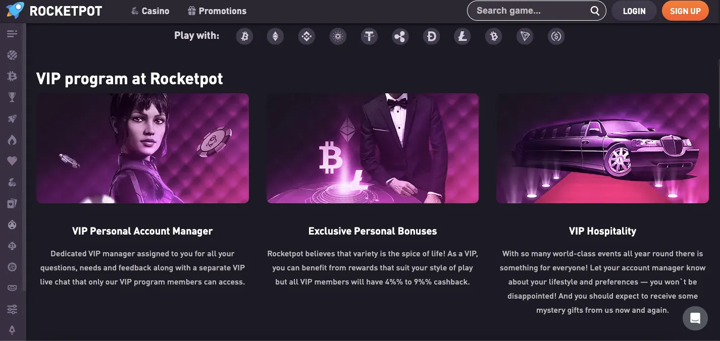 Rocketpot casino VIP program and promotions