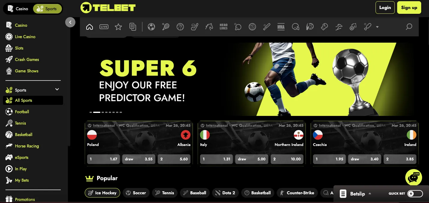 Telbet casino range of sports markets and tournaments