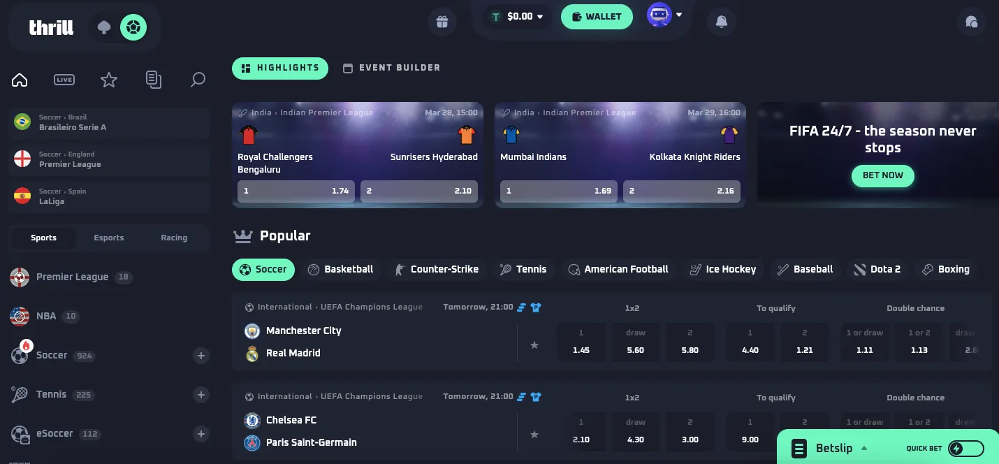 Thrill sports markets and tournaments
