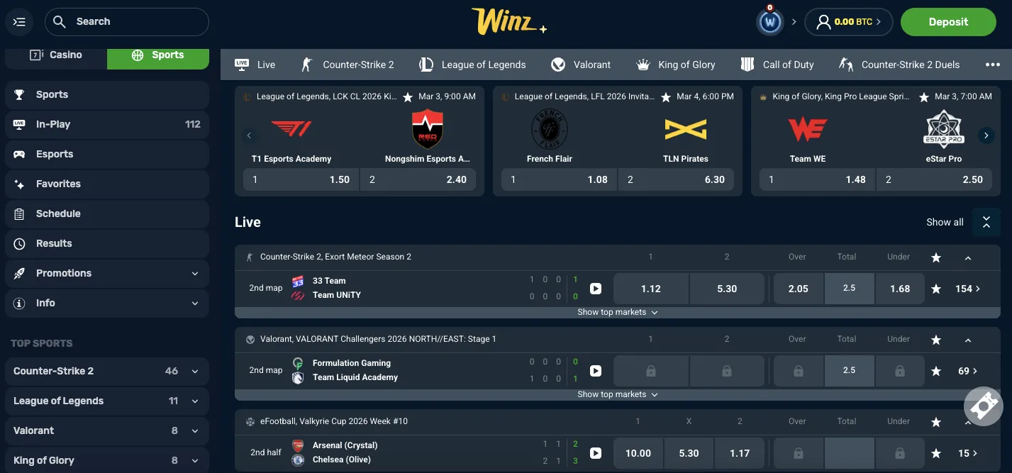 Winz.io esports section