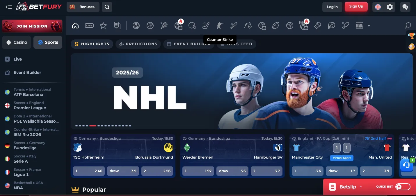 BetFury sports markets and tournaments