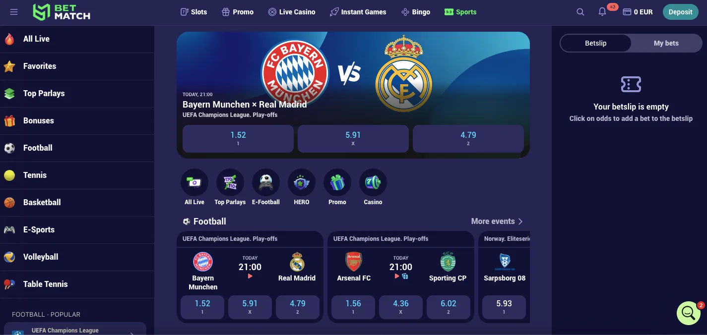 Betmatch sports markets and tournaments