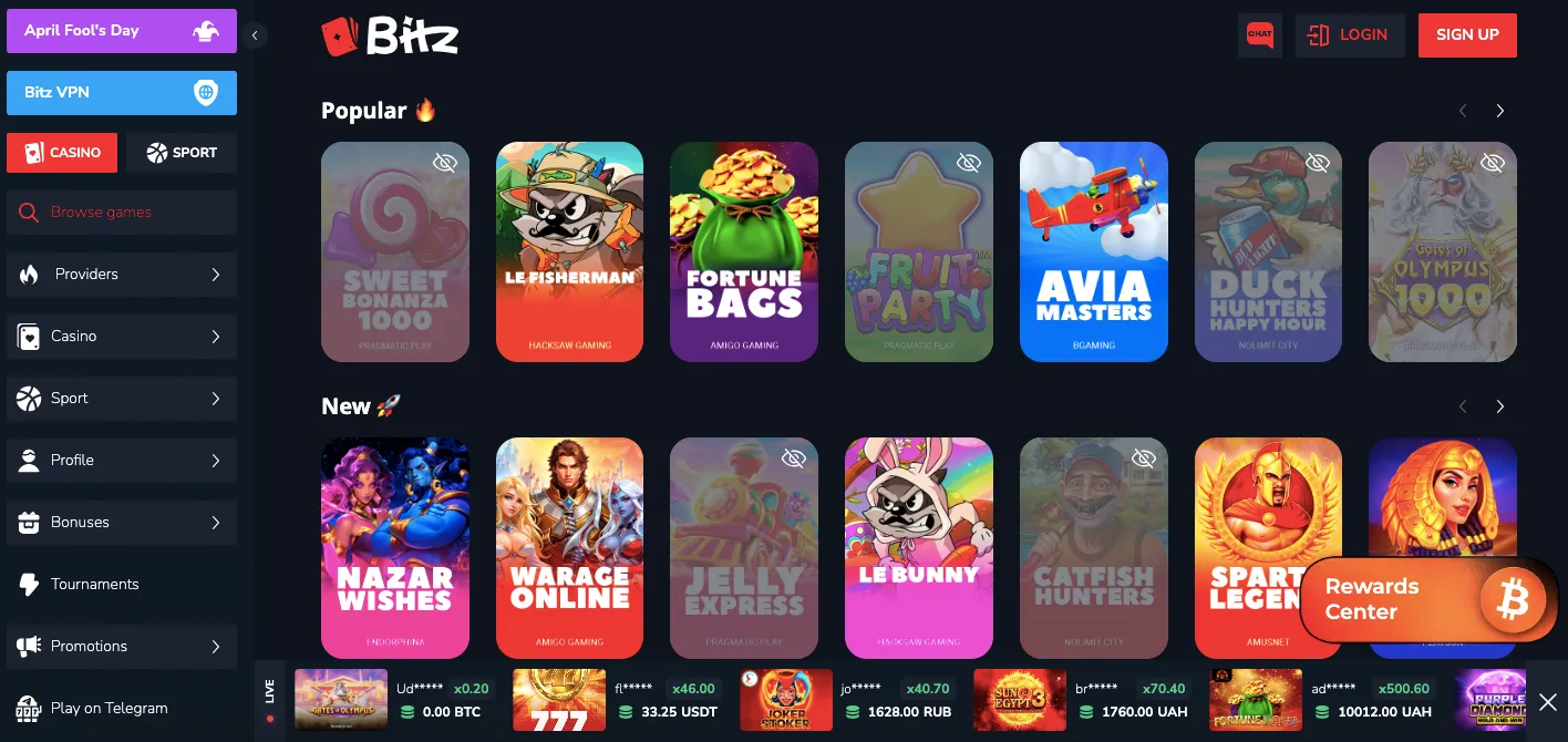 Bitz.io casino games and providers