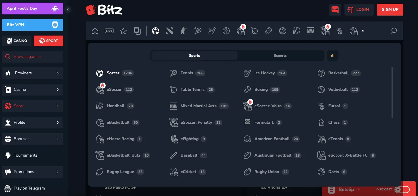 Bitz.io sports markets and tournaments