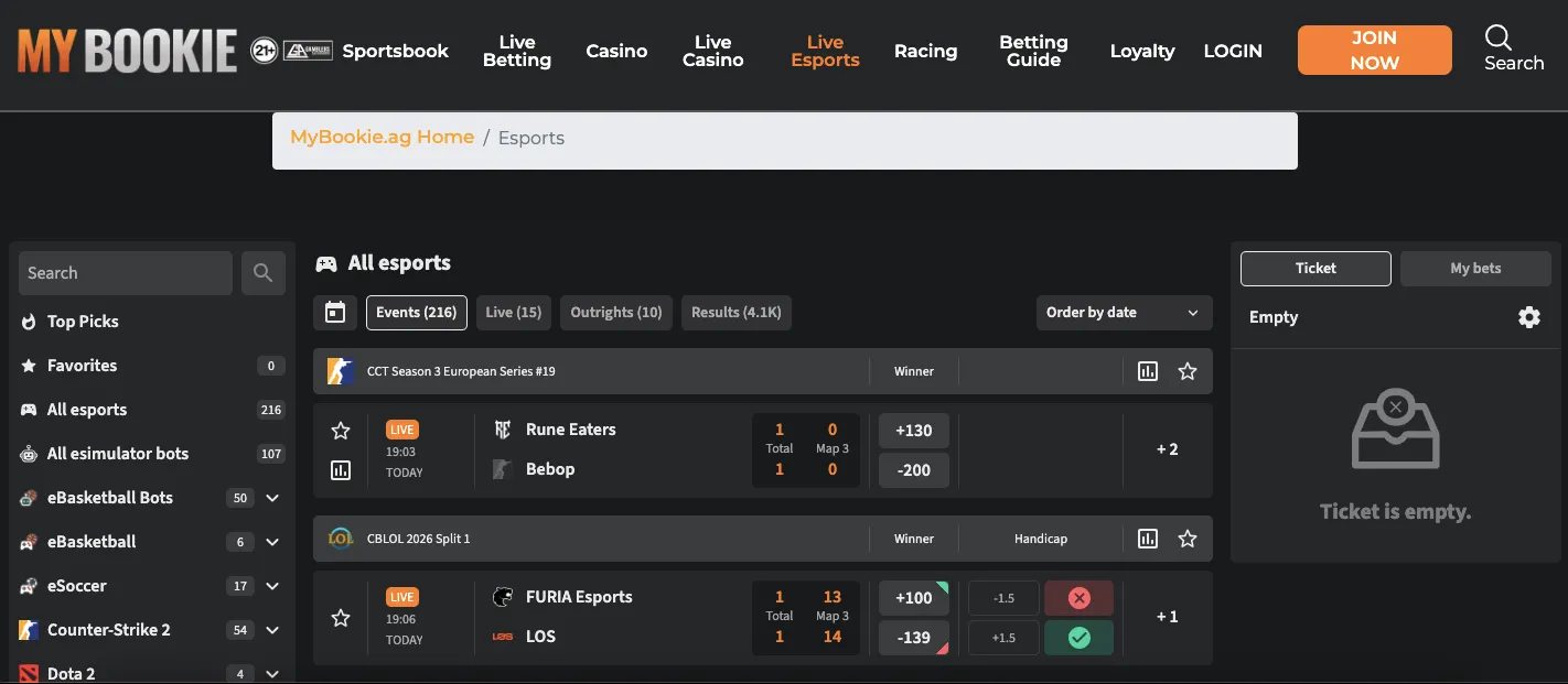MyBookie esports section
