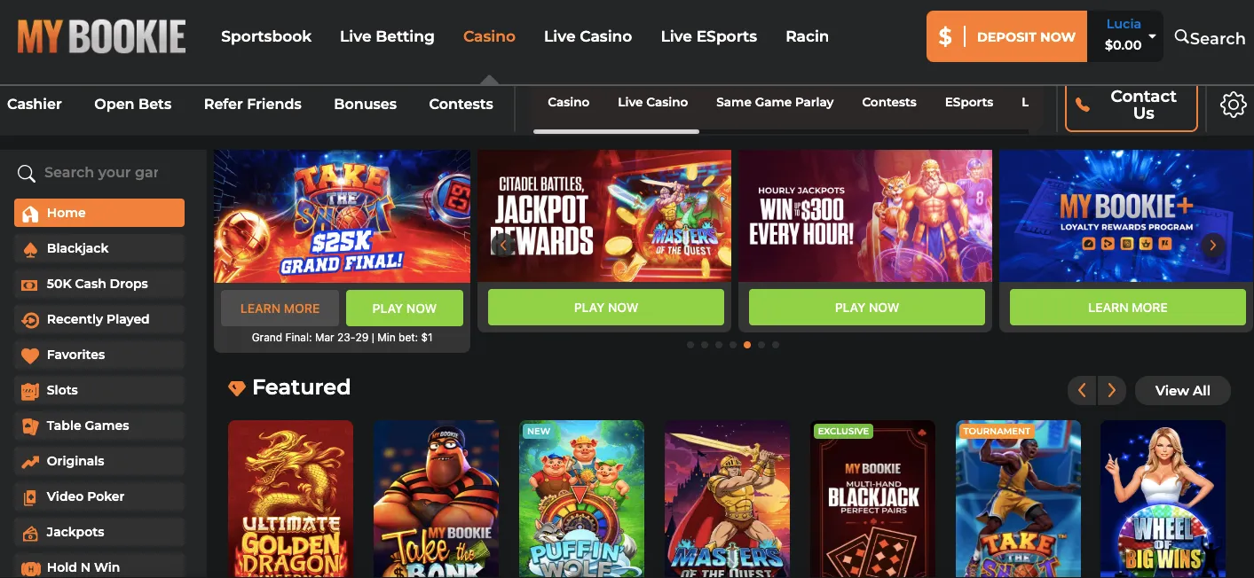 MyBookie casino games and providers