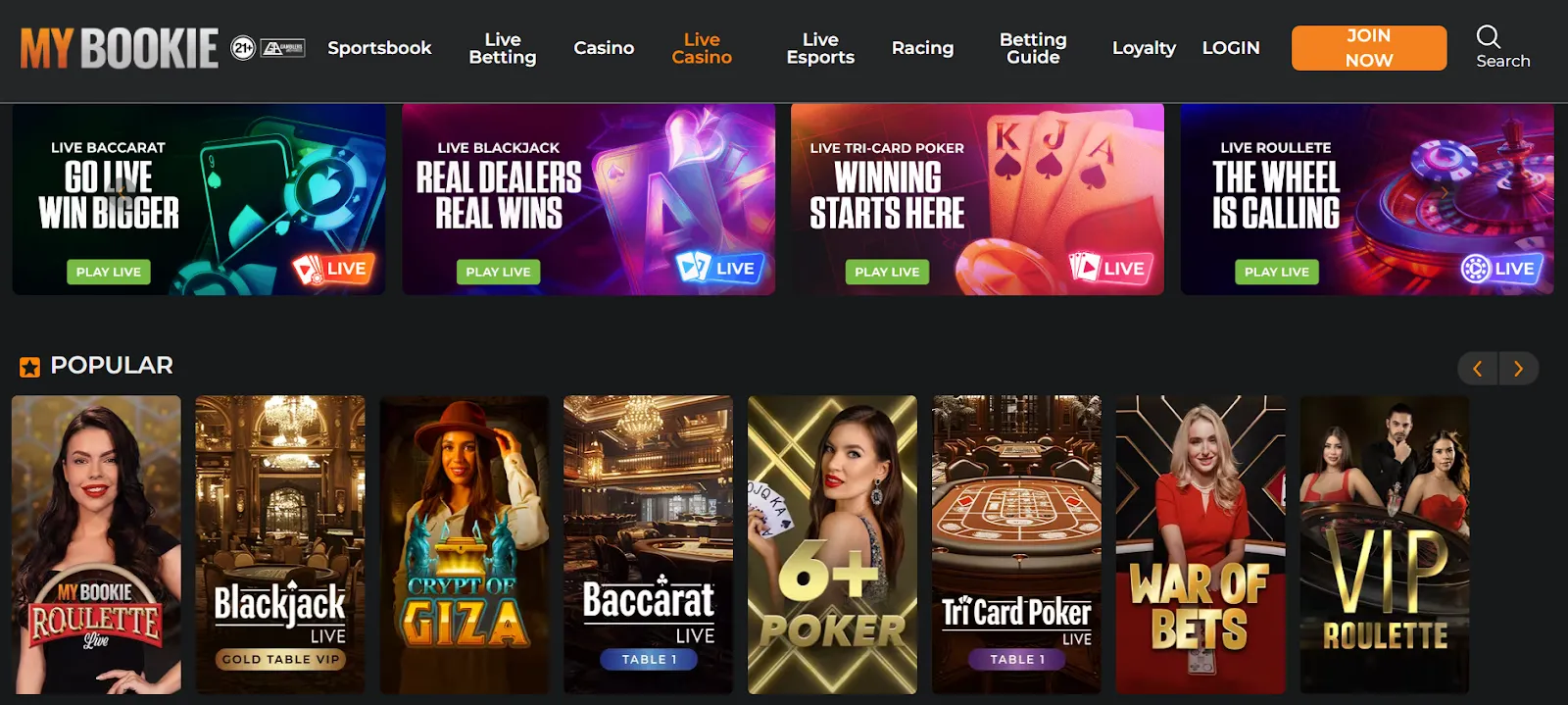 MyBookie live casino section