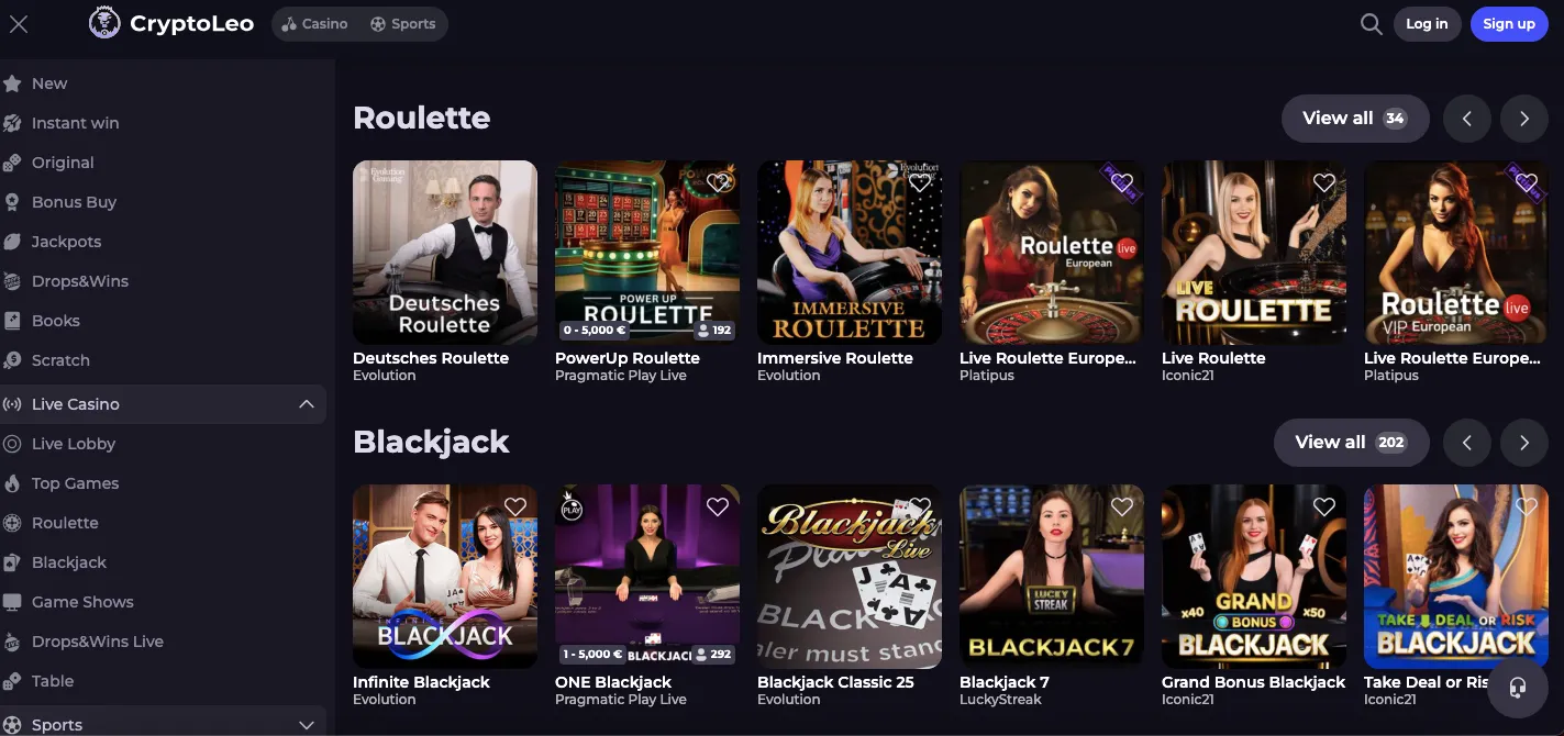 Cryptoleo live casino section