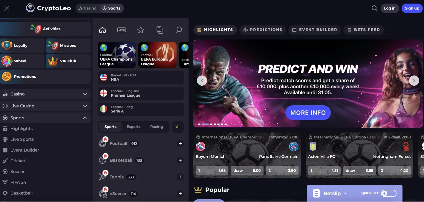 Cryptoleo sports betting section