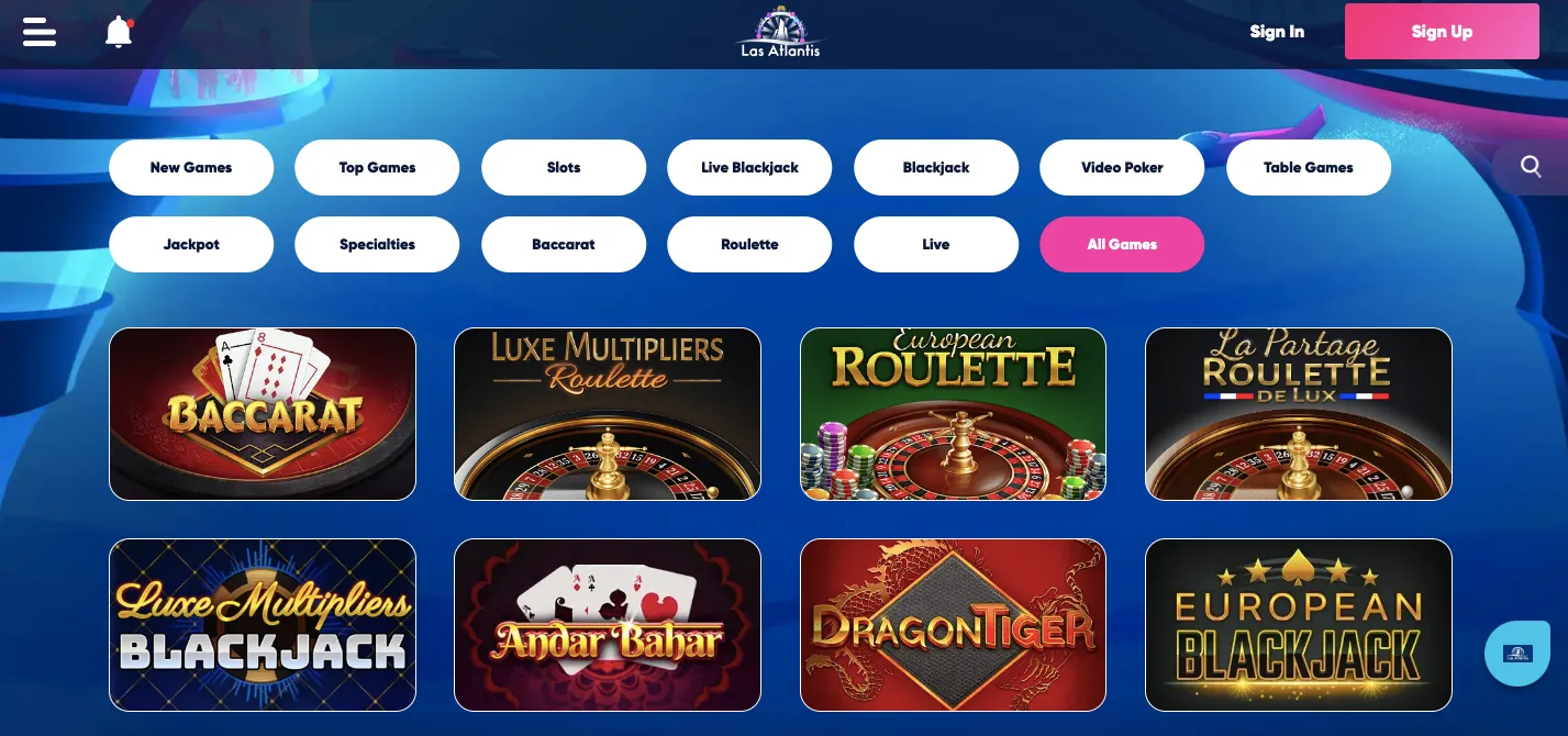 Las Atlantis casino games and providers