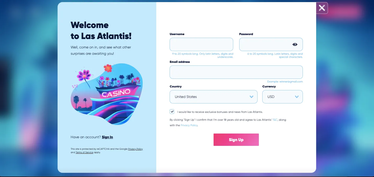 Las Atlantis casino sign up and registration