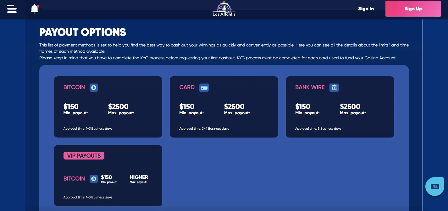 Withdrawal methods at Las Atlantis