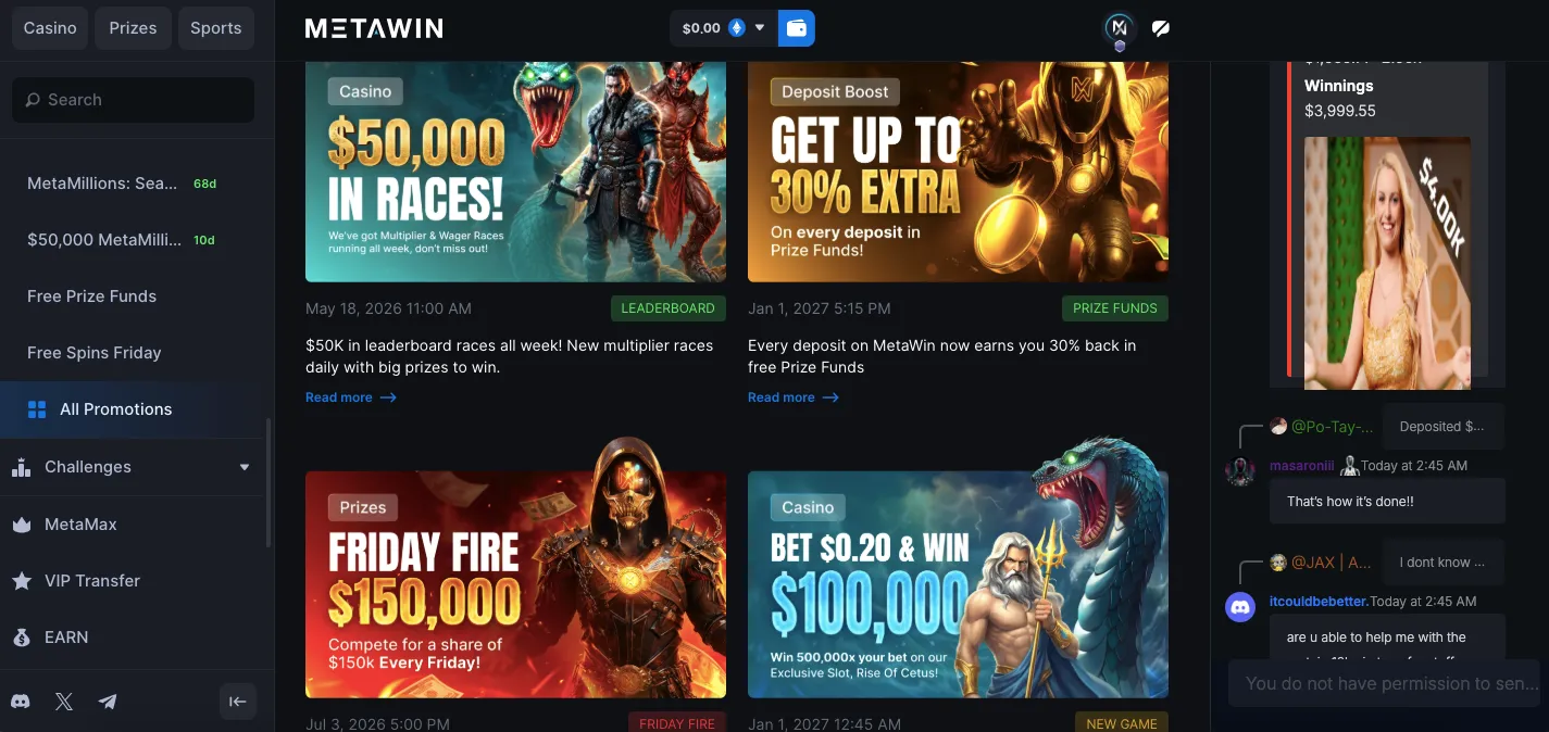 Metawin casino bonuses and promotions