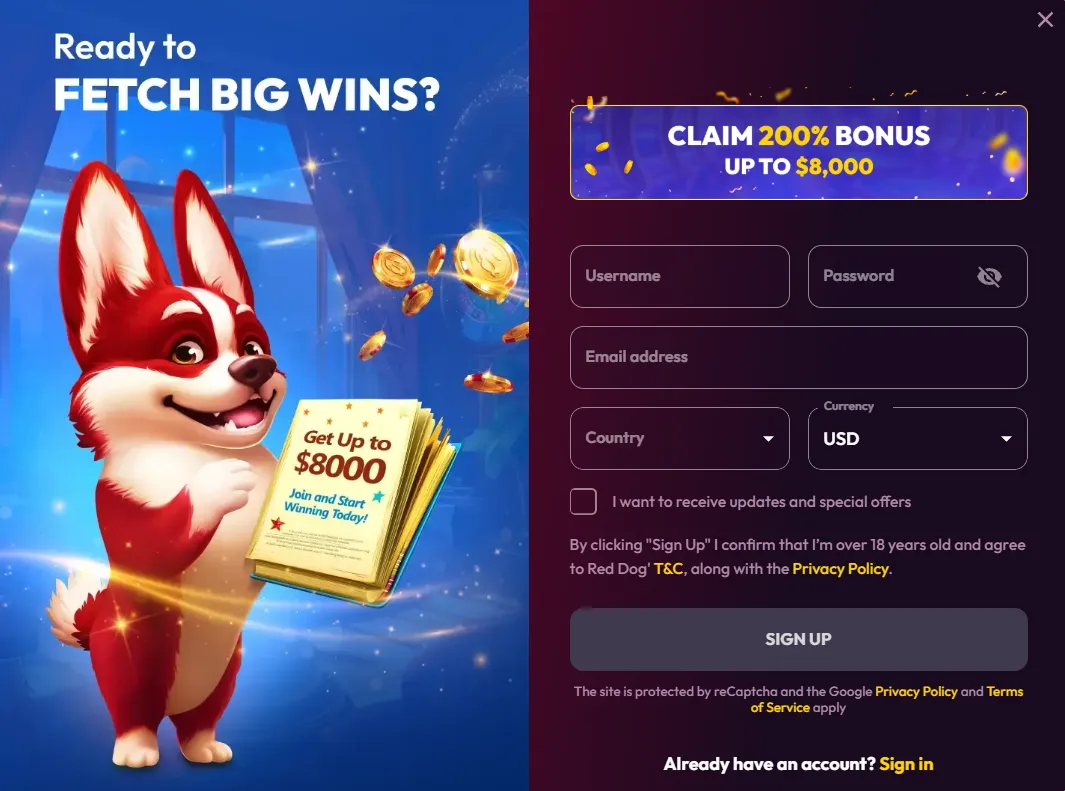 Red Dog casino sign up and registration