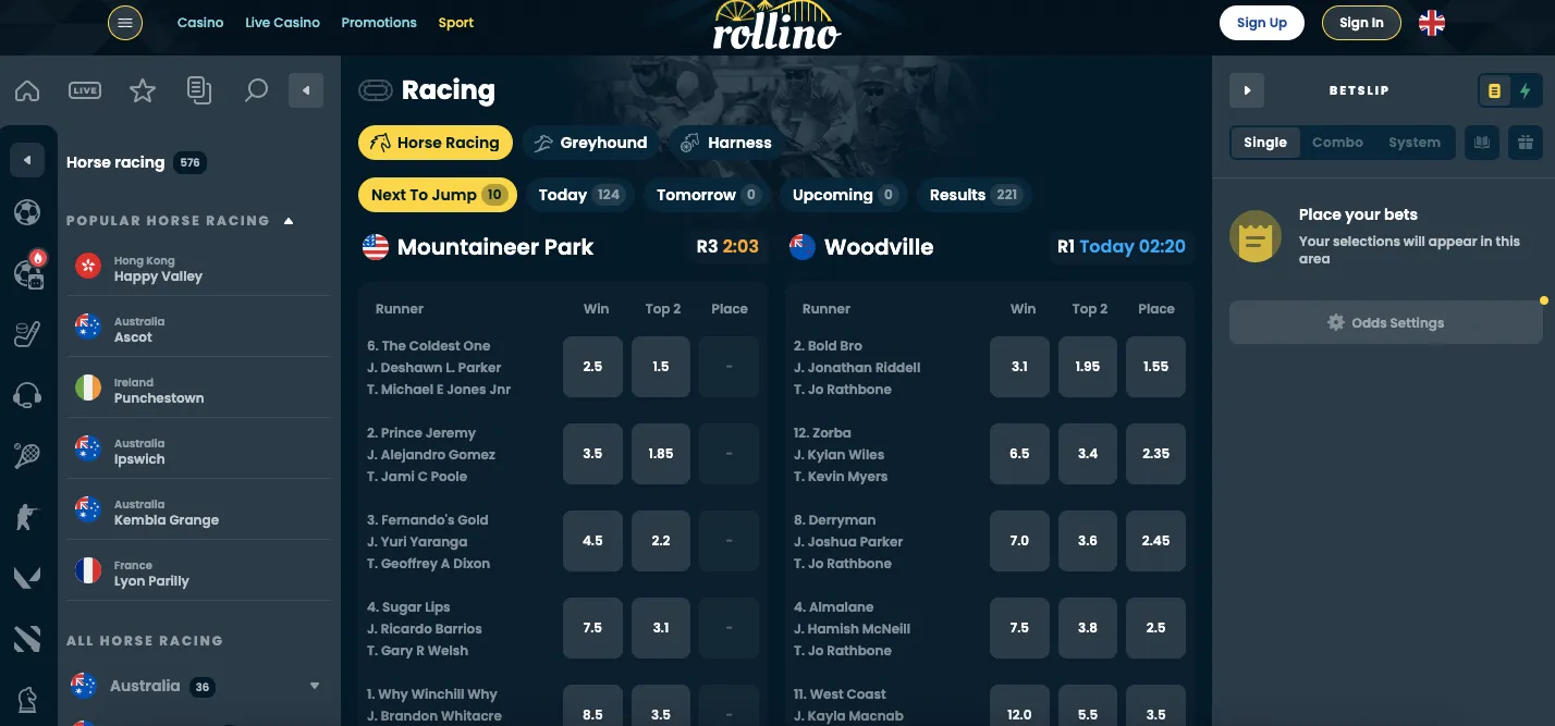 Rollino casino horse racing section