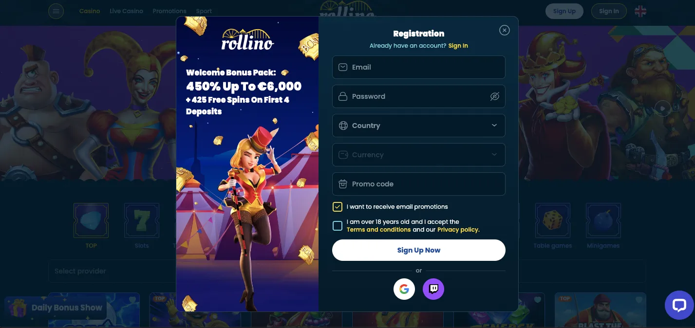 Rollino casino sign up and registration