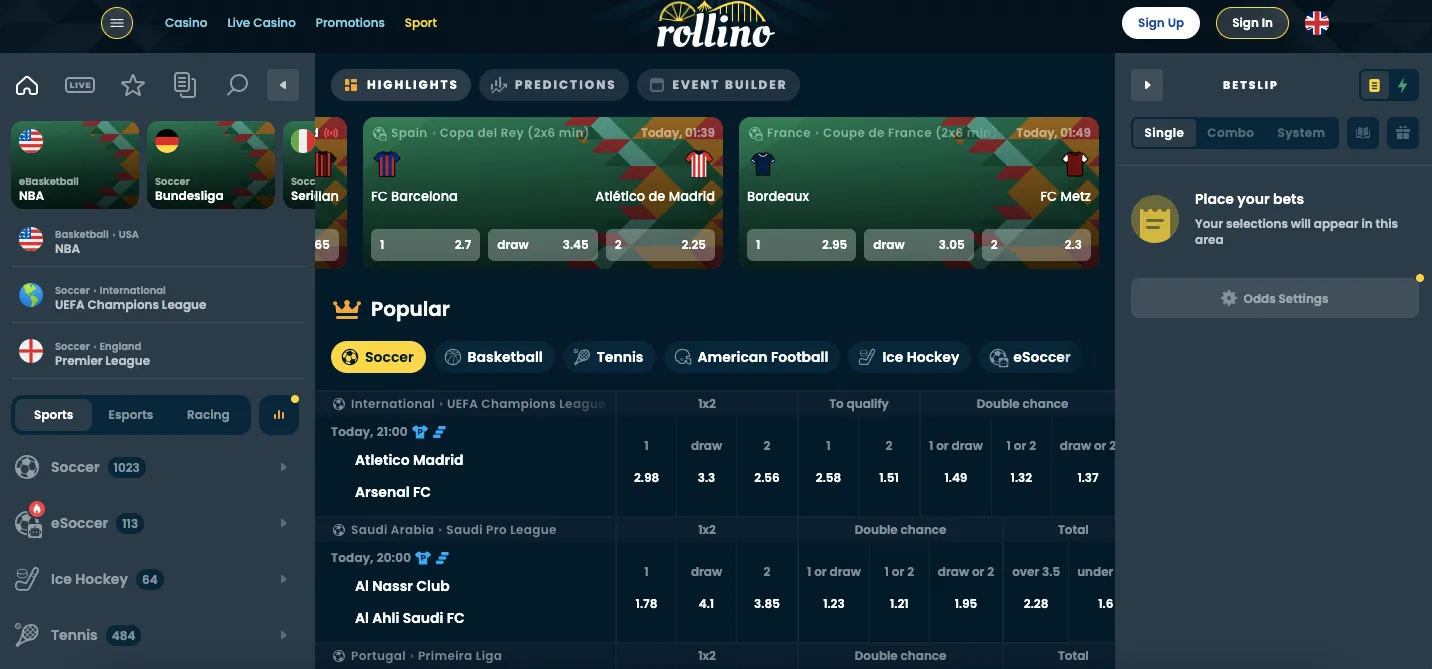 Rollino casino sports betting section