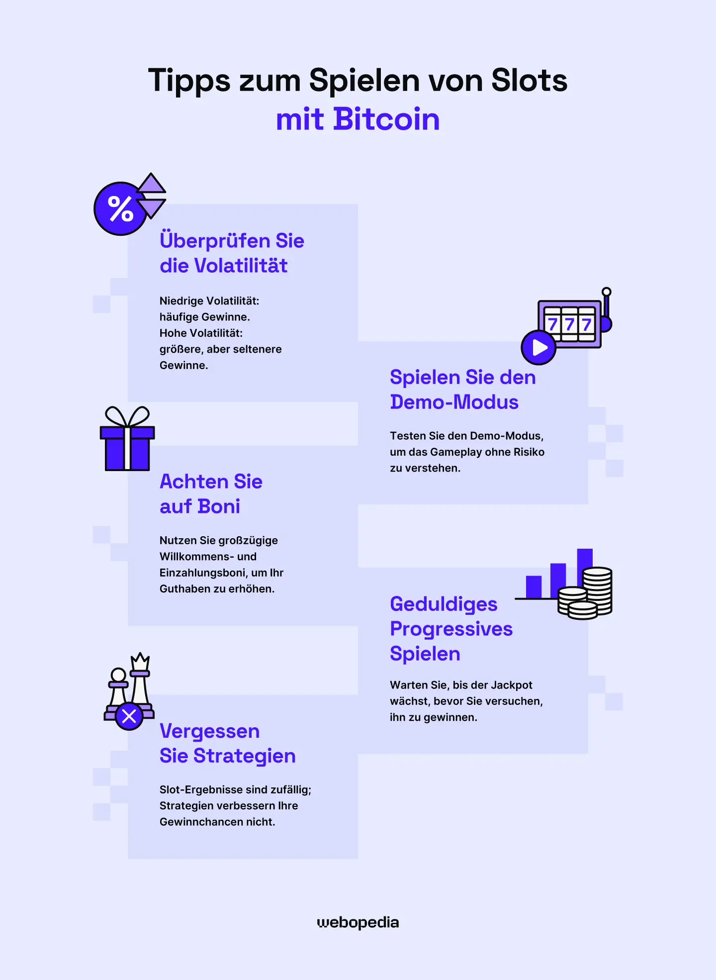 Infografik mit Tipps und Strategien zum Spielen von Bitcoin-Slots – webopedia.com