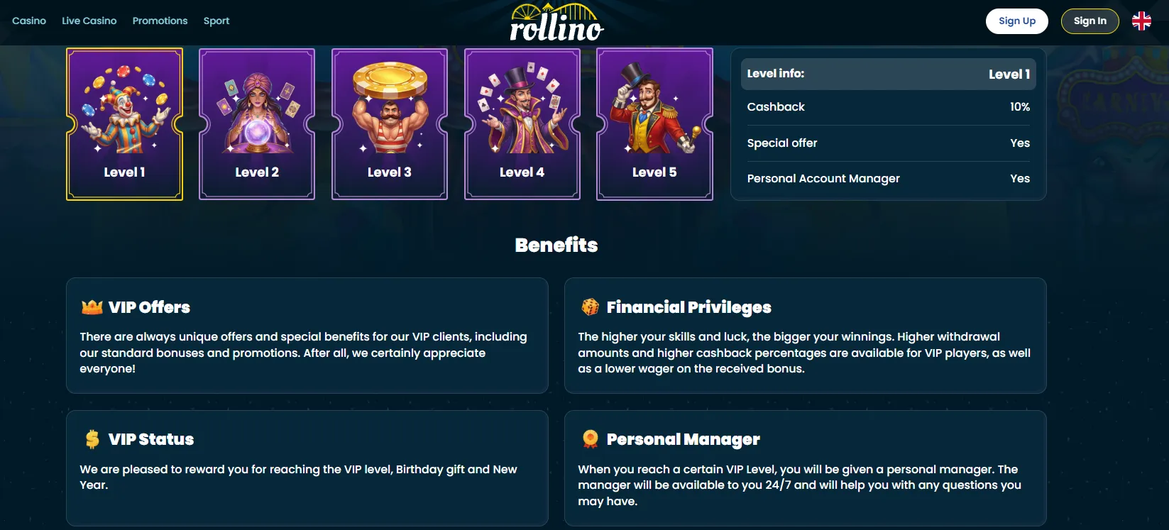 Rollino casino VIP section