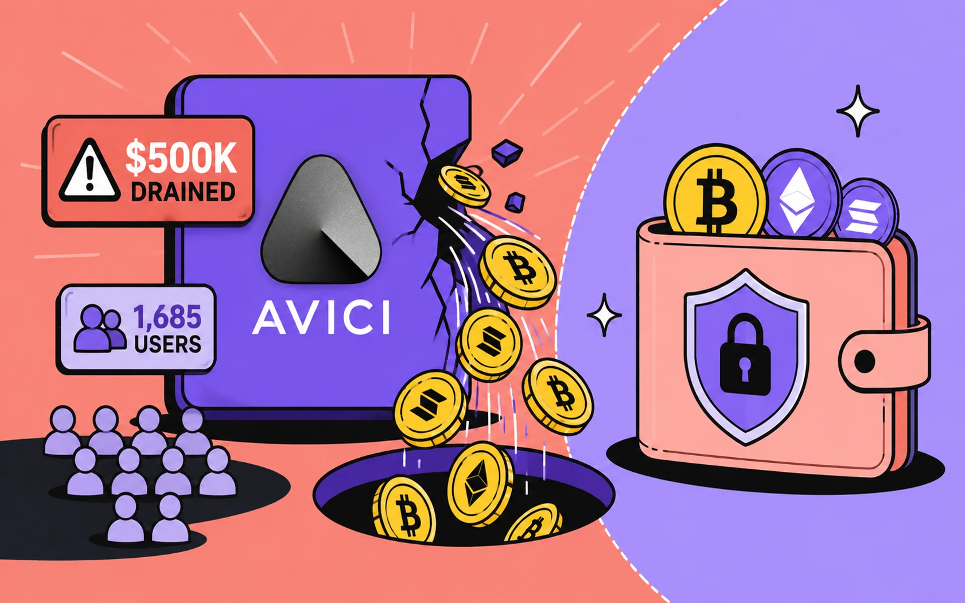 Avici breach illustration showing $500K drained from 1,685 users, with crypto coins spilling from the compromised platform while a self-custody wallet remains protected.
