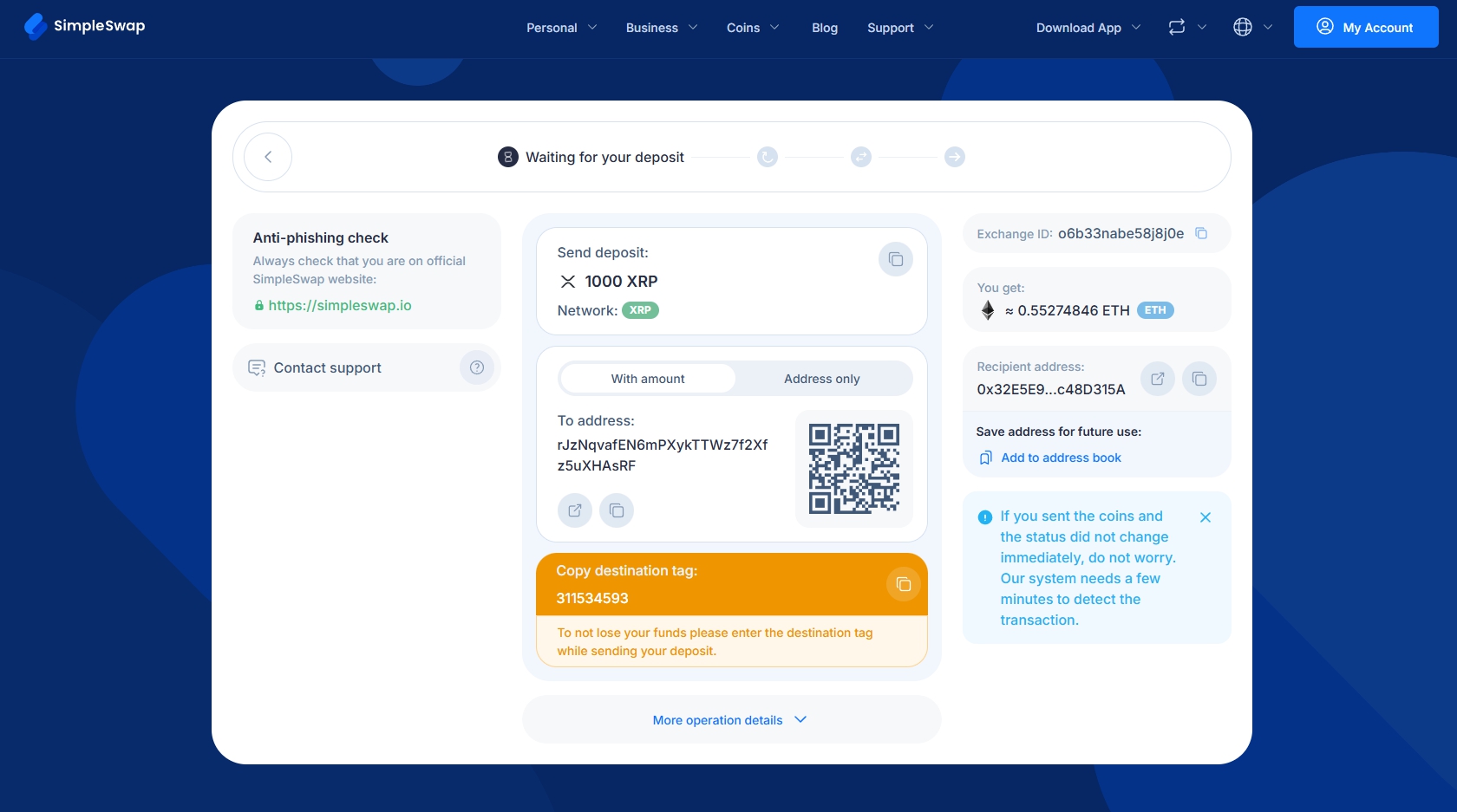 Send & recieve Crypto SimpleSwap
