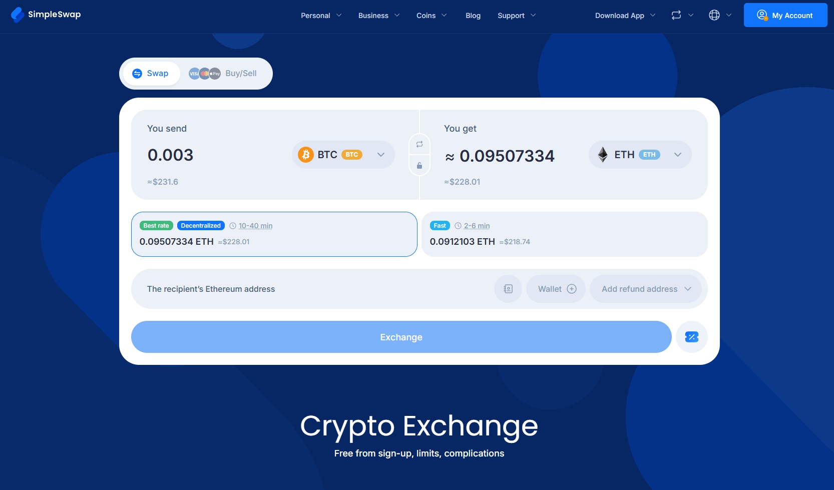 SimpleSwap Crypto Swaps