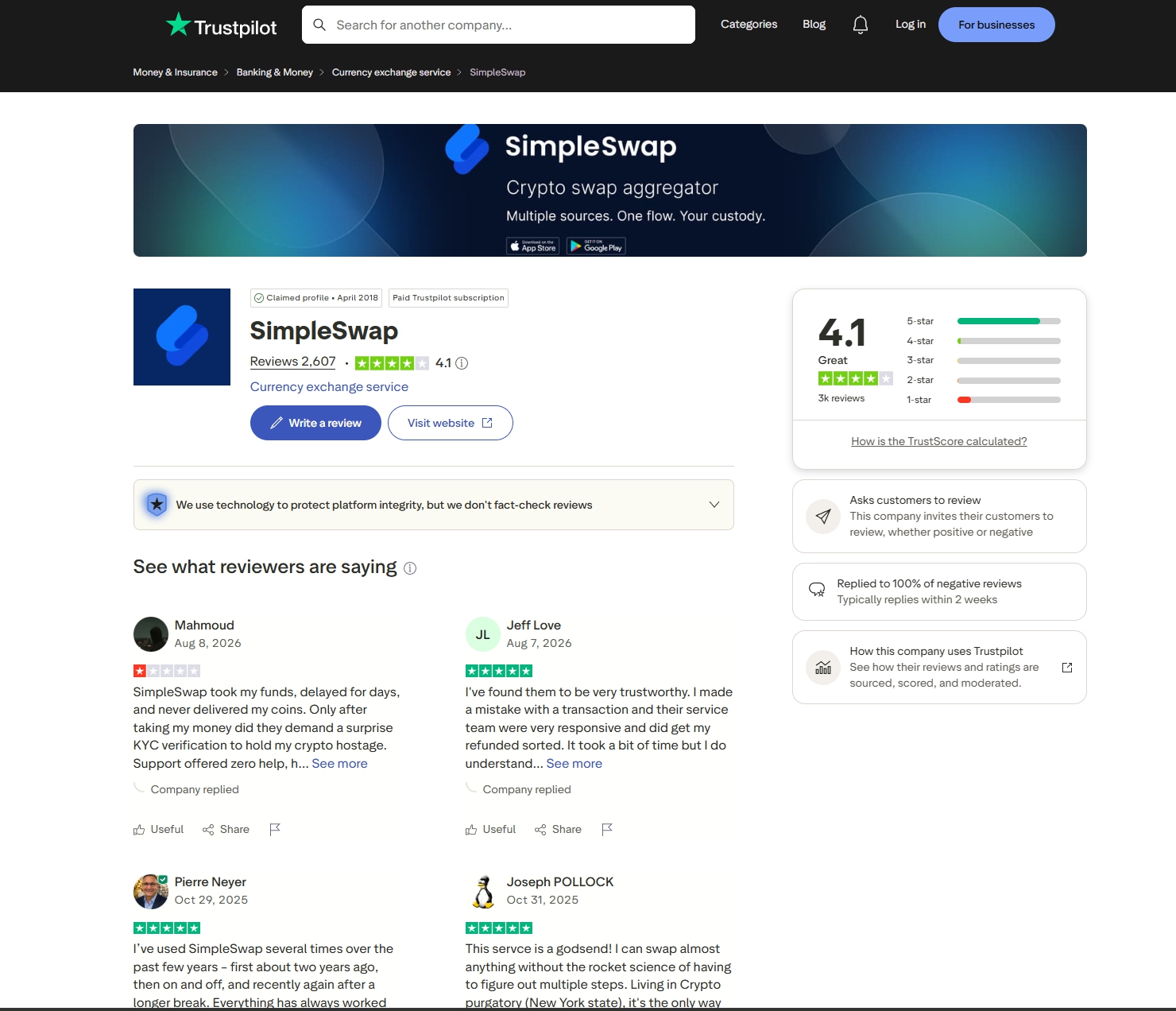 SimpleSwap TrustPilot